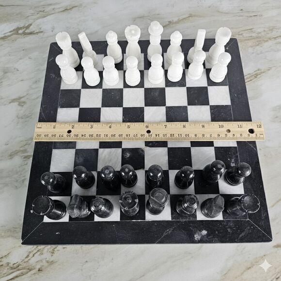 12" Marble Chess set, storage box, black/white, Christmas, Holiday Gift edition - Picture 4 of 16